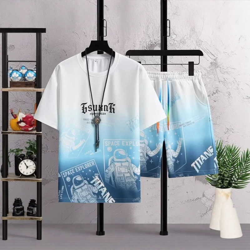 2026 Youth Sports Fashion Versatile T-Shirt and Shorts Two-Piece Set Summer New Men's Gradient Casual Suit 2026 Youth Sports Fashion Versatile T-Shirt and Shorts Two-Piece Set Summer New Men's Gradient Casual Suit