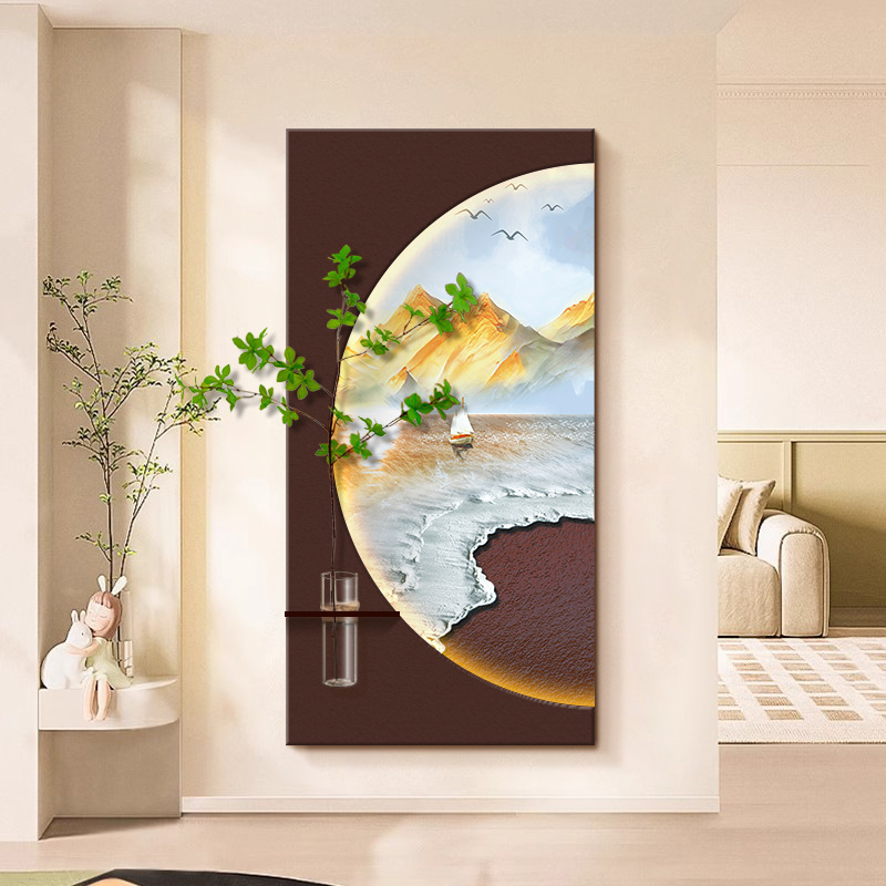 日照金山玄关装饰画水培绿植发光灯画竖版沙岩画高级感立体实物画|undefined