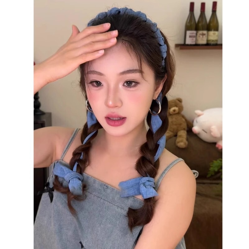 韓国風デニムブルーリボン歯コームヘッドバンド女性用夏用三つ編みヘアバンド女の子用頭頂部ヘアバンド|undefined