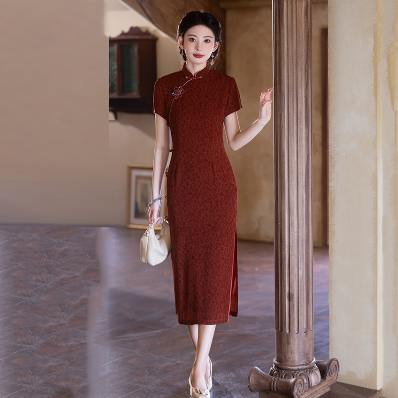 紅色送考媽媽裝國風中式長款改良旗袍2025新款女復古修身短袖夏季
