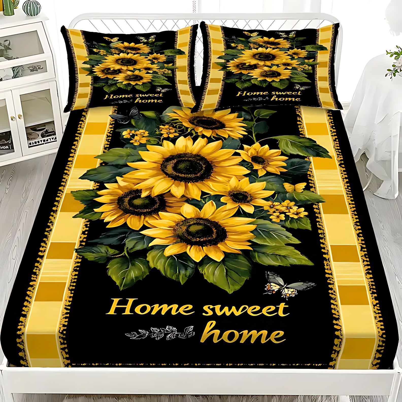 TEMU / JIT transfronterizo brillante girasol HD impresión digital cama suave gaza almohada conjunto de dibujo puede hacer