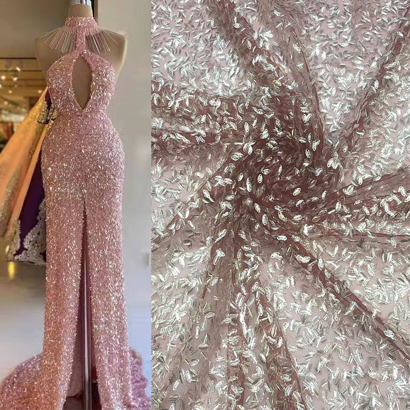 Lentejuelas de alta gama bordado de encaje diamante semilla de melón malla suave ropa de moda vestido de novia tela de tela JX4275