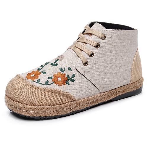 Ethnic style old Beijing embroidery flower Hanfu fairy shoes for women girls Flat heel high-top cotton linen embroidered shoes Ladies kapok shoes