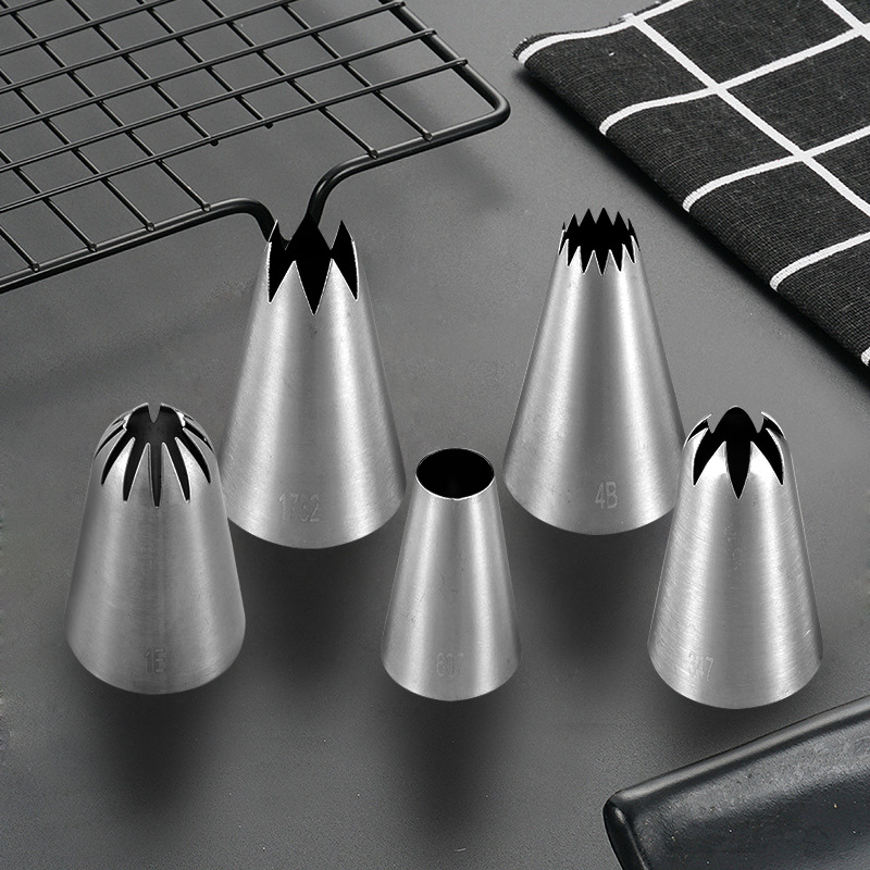 304不鏽鋼裱花嘴5件套裝 大號無縫蛋糕曲奇奶油嘴 烘焙裱花工具