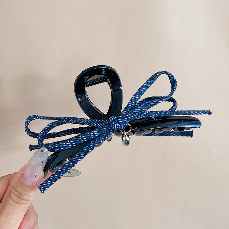 简约牛仔布蝴蝶结发夹女超大号盘发后脑勺抓夹气质百搭个性鲨鱼夹|undefined