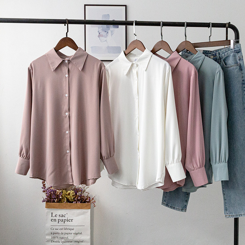 [Bizheng] 2021 principios de la primavera nuevo estilo coreano solapa de color sólido Camisa de gasa de manga larga elegante camisa de estilo occidental 4710