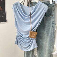 2025夏季蓝色不规则荡领无袖t恤女褶皱收腰显坎肩飞飞袖上衣潮
