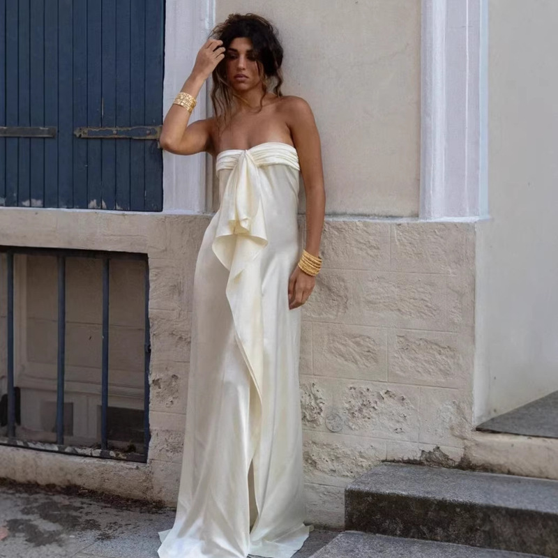 European and American Style Women's Summer Dress 2026 New Model Solid Color Waist-Cinching Slim Fit Ruched Slit Satin Gown Long Dress European and American Style Women's Summer Dress 2026 New Model Solid Color Waist-Cinching Slim Fit Ruched Slit Satin Gown Long Dress