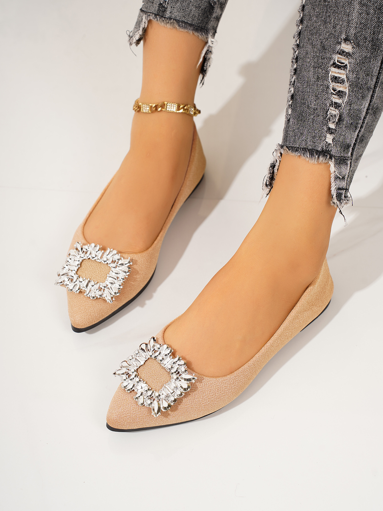 Women's Plus Size Slip-On Flat Shoes Pointed Toe Rhinestone Square Toe Casual Brown PU Spring Season_vogvips.com