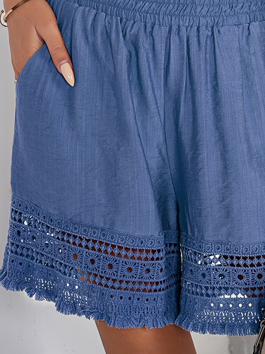 Women's Boho Solid Color Lace Cut out Tassel Pocket Shorts