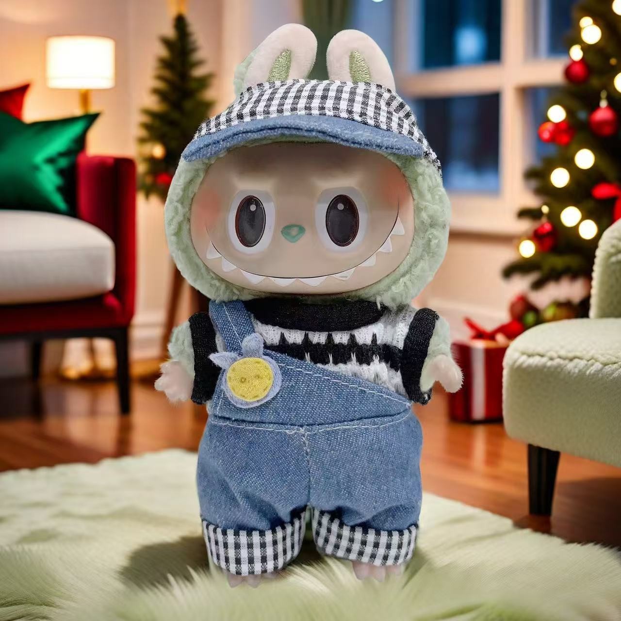 Nuevo conjunto de ropa y gorro de peluche con cara de "Sugar Glue" para muñecas, colgante de peluche, juguete Labuba, amuleto para bolso.