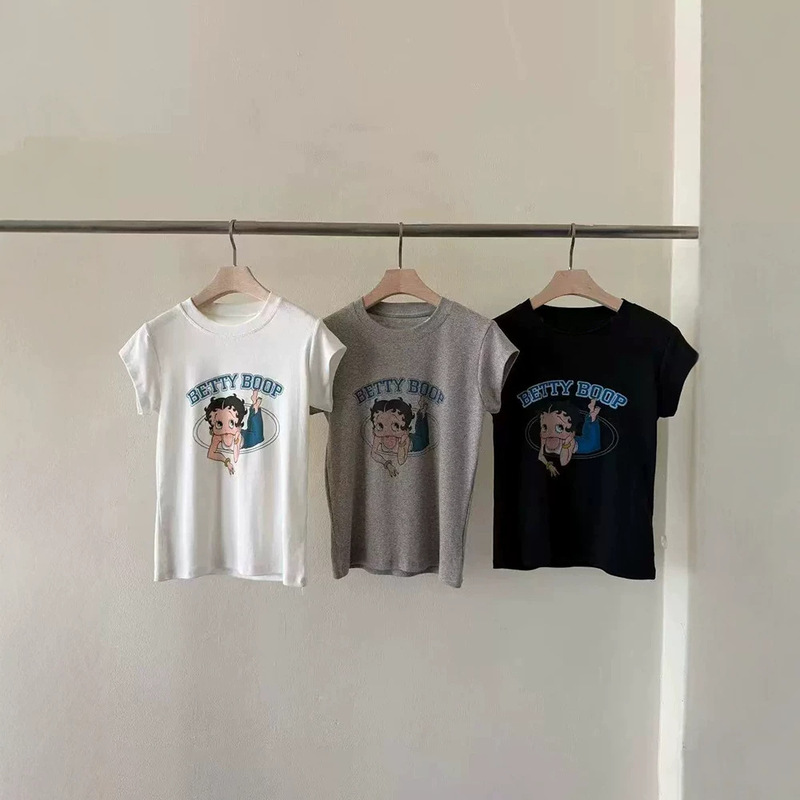 In stock, vintage round-neck cartoon Betty print short-sleeve T-shirt for women, spring/summer, soft and skin-friendly, slim-fit, short top
