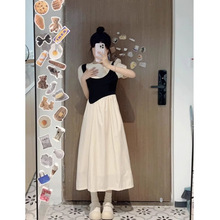 甜美清纯假两件泡泡袖连衣裙女高级设计感少女苹果身材长款裙子夏