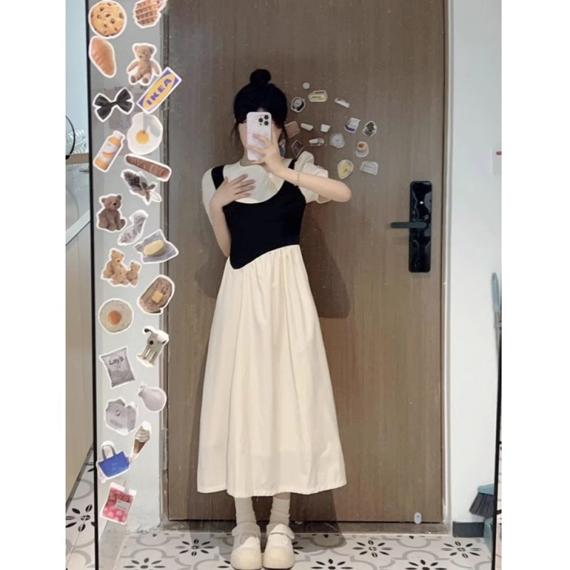 甜美清纯假两件泡泡袖连衣裙女高级设计感少女苹果身材长款裙子夏