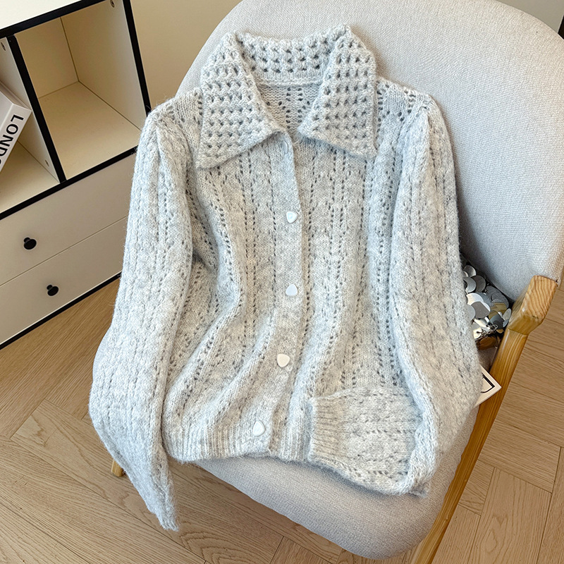 Inventario otoño invierno nuevo estilo coreano diseño sensación hueco solapa de punto cardigan suéter suave suave suelto