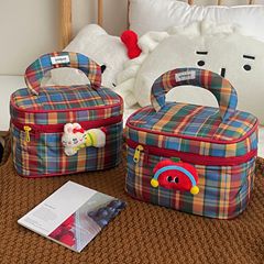かわいい格子縞化粧バッグ女性大容量携帯旅行手提げ区画口紅化粧品収納袋