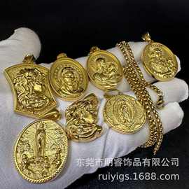 工厂直批欧洲古希腊神话美杜莎美女复古钛钢金色盾牌吊坠项链批发