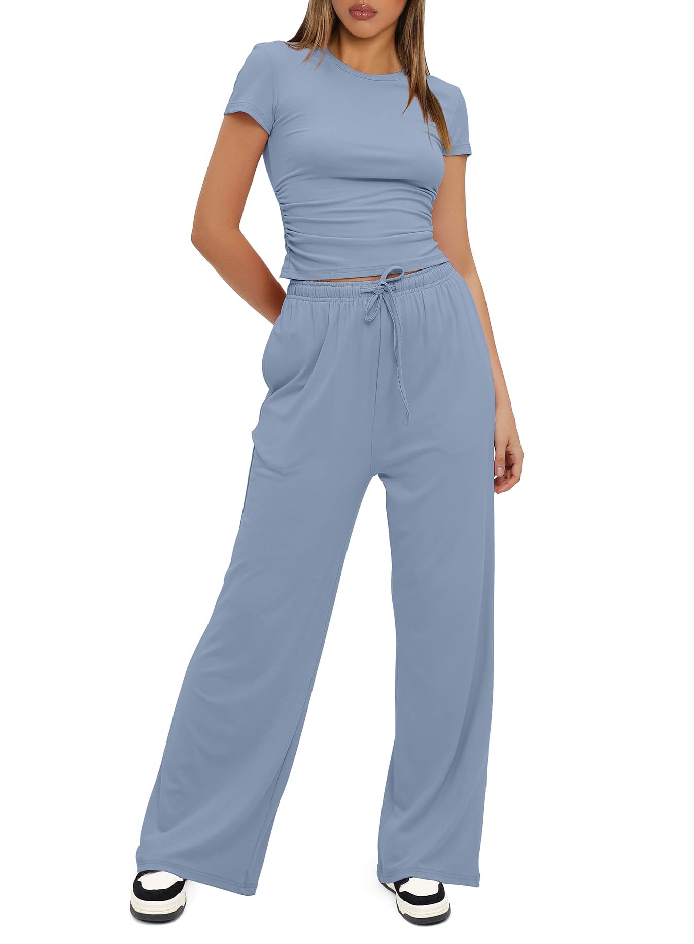 European American Foreign Trade Women's 2-piece Casual Set: Ruffled Short-sleeve Top And High-waisted Wide-leg_ecoleips.com