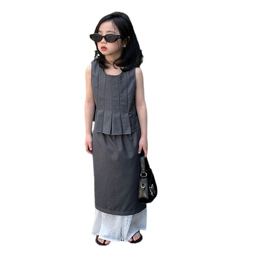 Children's Set 2024 Summer New Korean Style Unique Design Sleeveless Top Contrast Color Long Dress Trendy Dropshipping One Piece