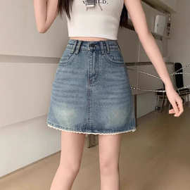 2025年高腰裙蕾丝花边牛仔短裙新款夏季女装韩系小个子a字半身裙