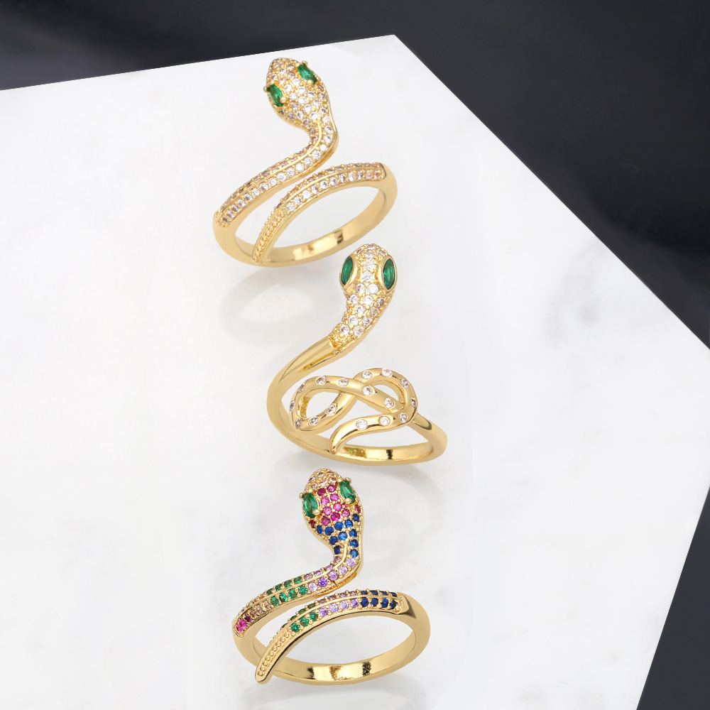 simple Copper 18K Gold-plated Colorful Zircon Snake-Shaped Adjustable Ring