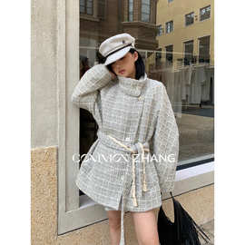 CZ ZHANG秋冬粗花呢绳状格纹高领毛呢外套女减龄尼子大衣B39896