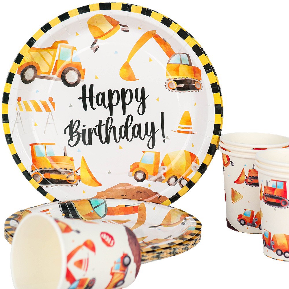 Nuevo vehículo de ingeniería de construcción excavadora excavadora tema de fiesta de cumpleaños de niños un solo uso de tazas de papel cubiertos set