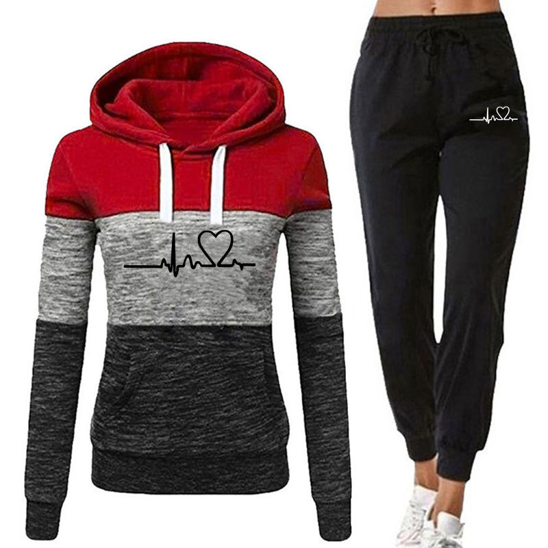 Women's Colour Block Hooded Sportswear Set Autumn Winter Active_voghion.com