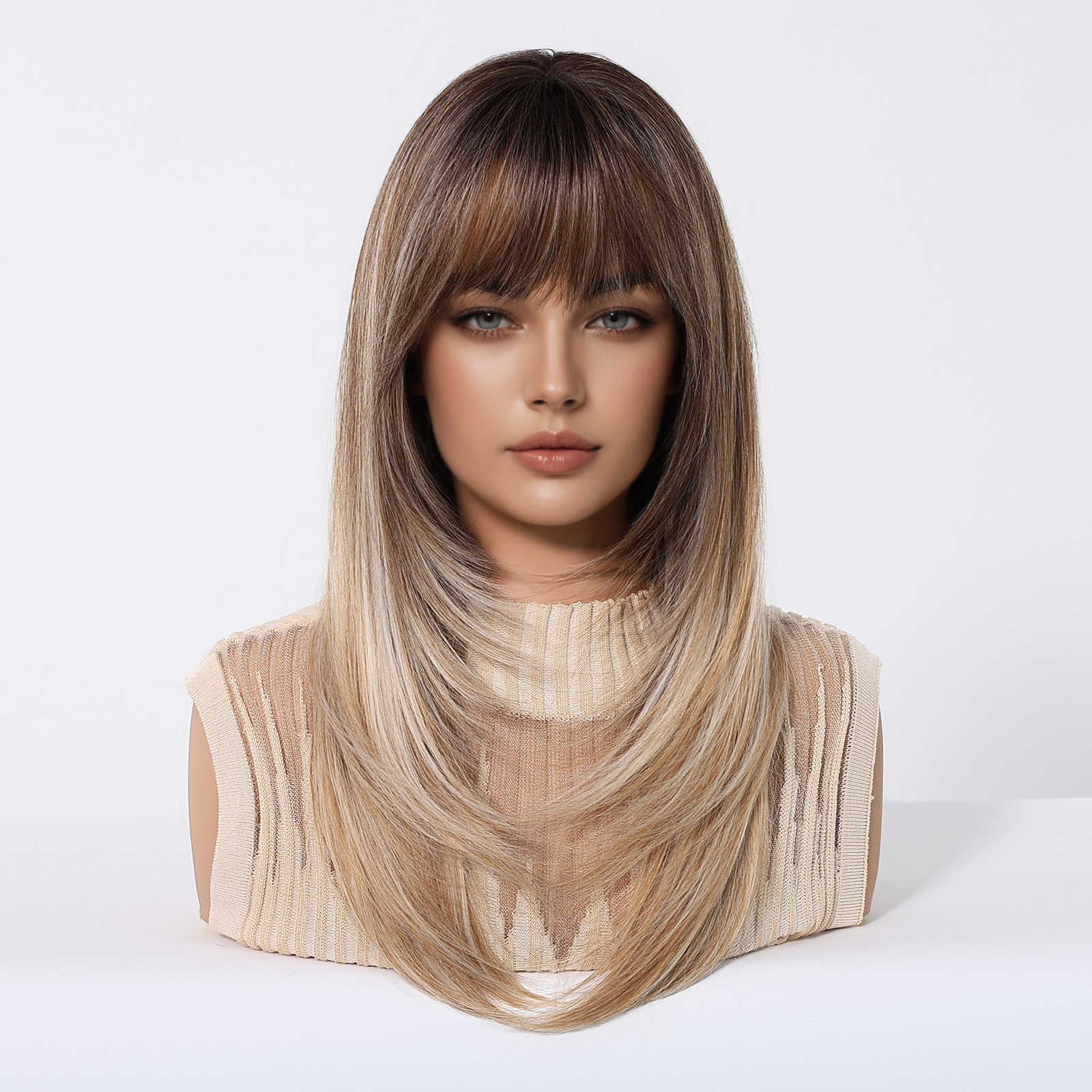 Nuevas pelucas transfronterizas, flequillo de aire, nivel de atmósfera, negro, marrón, cabello largo y liso, cubierta de fibra química, punto de fábrica