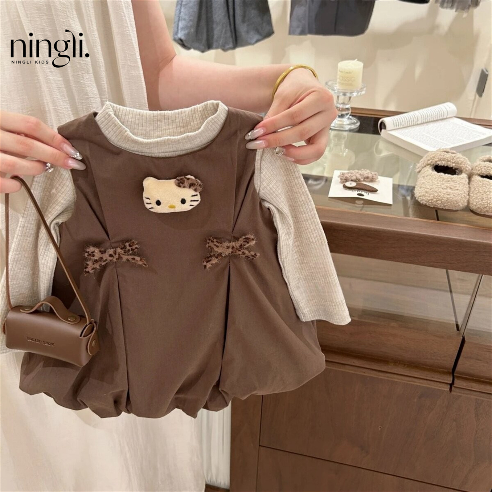 Ningli Girls' Floral Skirt + Long Sleeve Undershirt Two-Piece Set/Baby Kindergarten Korean Style Fashionable T-Shirt and Vest Dress