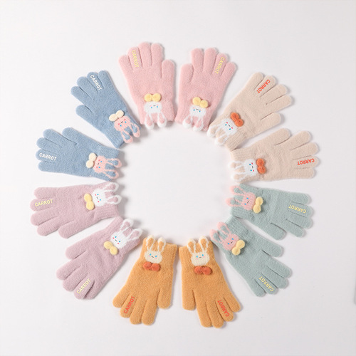 New knitted warm children's woolen gloves with flip-up half-finger full velvet and thickened elementary school students' cute cartoon gloves
