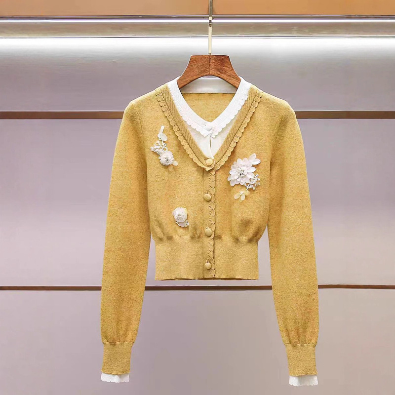 Miu Style Fake Two-Piece Knitted Cardigan for Women, Spring 2026, Light Luxury, Age-Reducing, Unique Top with Beading and Sequins