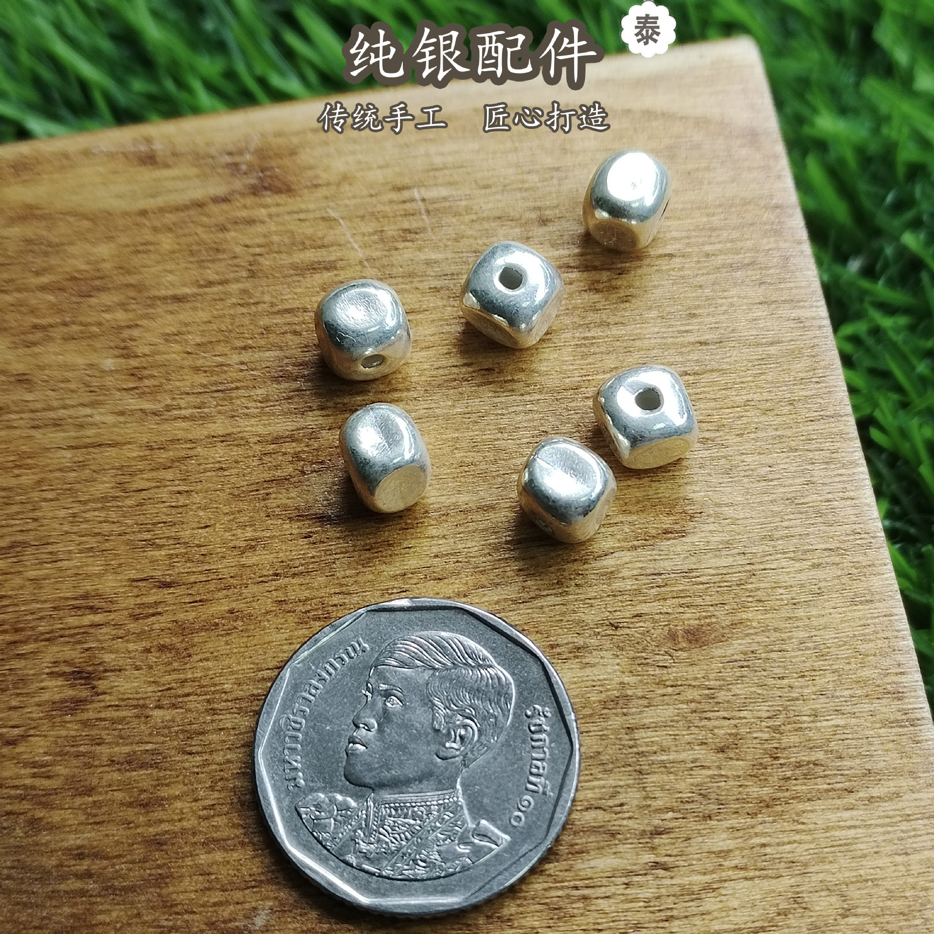 Pure 925 Silver Thai Handmade Silver Jewelry Vintage Rounded Square Diamond Bead DIY Bracelet Jewelry Accessories