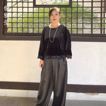 【织烟墨】秋季新款中老年女装中袖丝绒上衣蕾丝包边气质打底衫