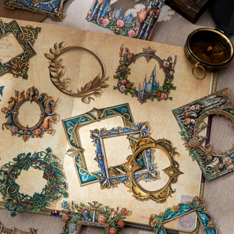 美好的一天复古边框硬卡贴纸 中世纪纹章系列 打底拼贴手账素材包