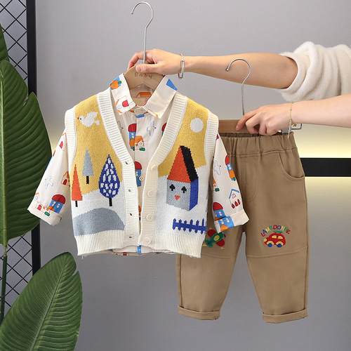 Knitted sweater vest for boys and girls, babies, 2024 new spring and autumn set, house cartoon three-piece set