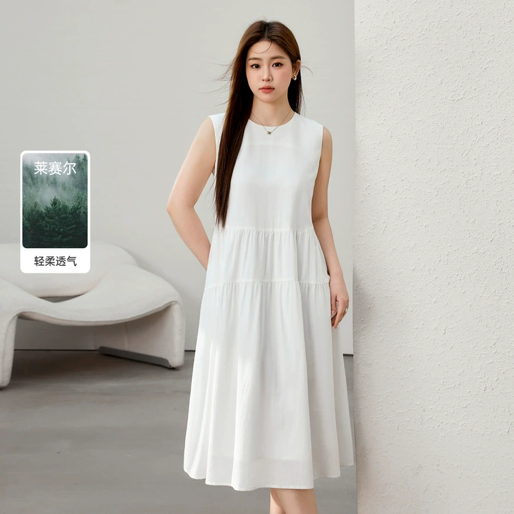 [Простое платье с круглым вырезом сплошного темперамента без рукавов] Funny Show большой размер женский толстый mm2025 весенний стиль