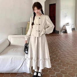 新中式复古盘扣连衣裙套装女2025春秋学院风长袖上衣半身裙两件套