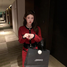 秋冬季穿搭一整套名媛小香风针织连衣裙两件套小洋装红色套装裤女