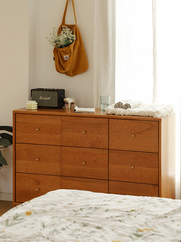 |Cherry wood nine-drawer cabinet solid wood drawer cabinet multi-functional bedroom clothing storage cabinet retro style entrance cabinet