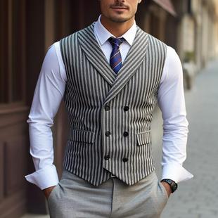 2025 European and American Retro Casual Double-Breasted Suit Vest Men's British Business Stripesd Vest Cross-Border Men's Vest