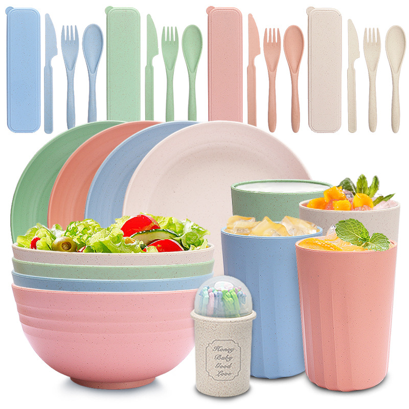 Amazon Wheat Straw Bowl, Plate, Knife, Fork, Spoon Set for Home Use, Salad Bowl, Fruit, Dessert Fork, Portable Tableware