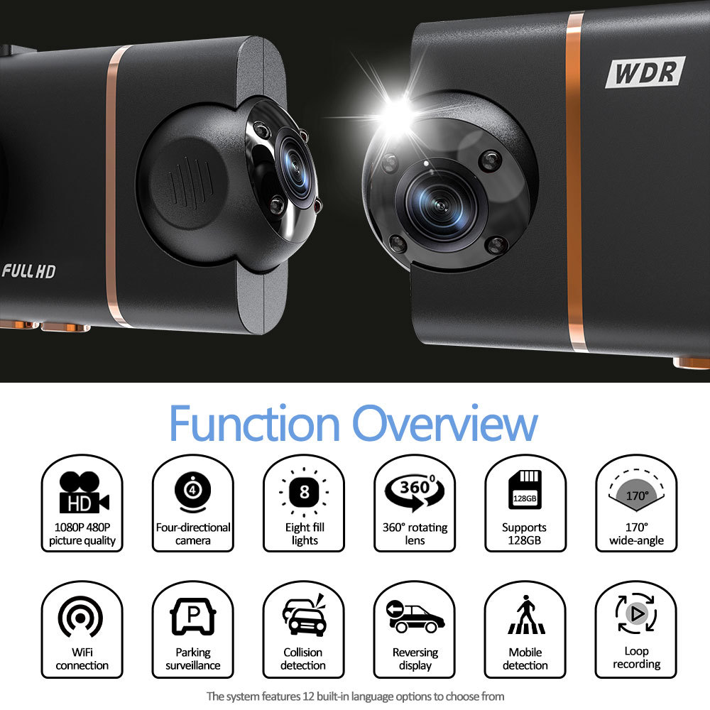 Cross-Border Hot Selling 1080P Four-Lens Driving Recorder, Four-Way Simultaneous Display and Recording, Wifi Infrared Night Vision Ultra-Thin Model
