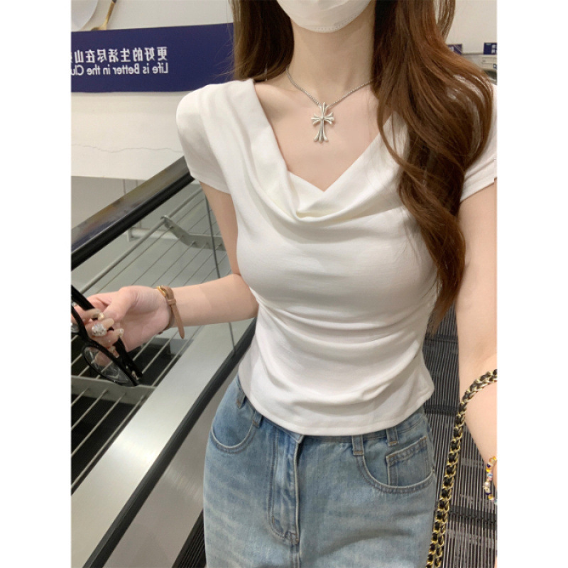 260克莫代尔紫色不规则修身荡领短款上衣女设计感小众正肩短袖T恤|undefined