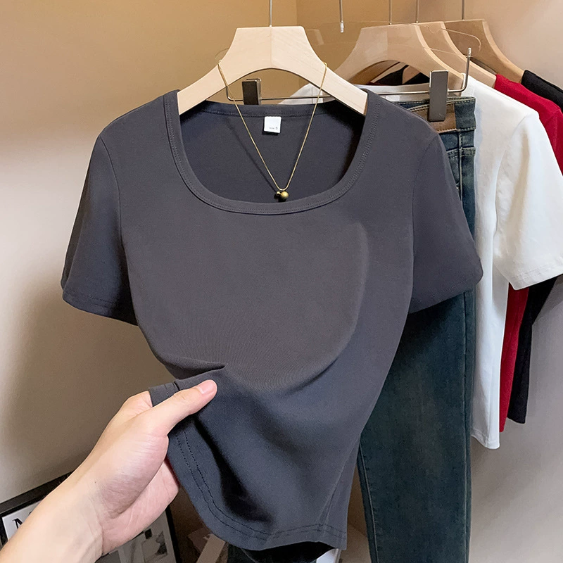 Слегка толстый большой размер женский летний квадратный воротник с тонкими короткими рукавами рубашка топ черный