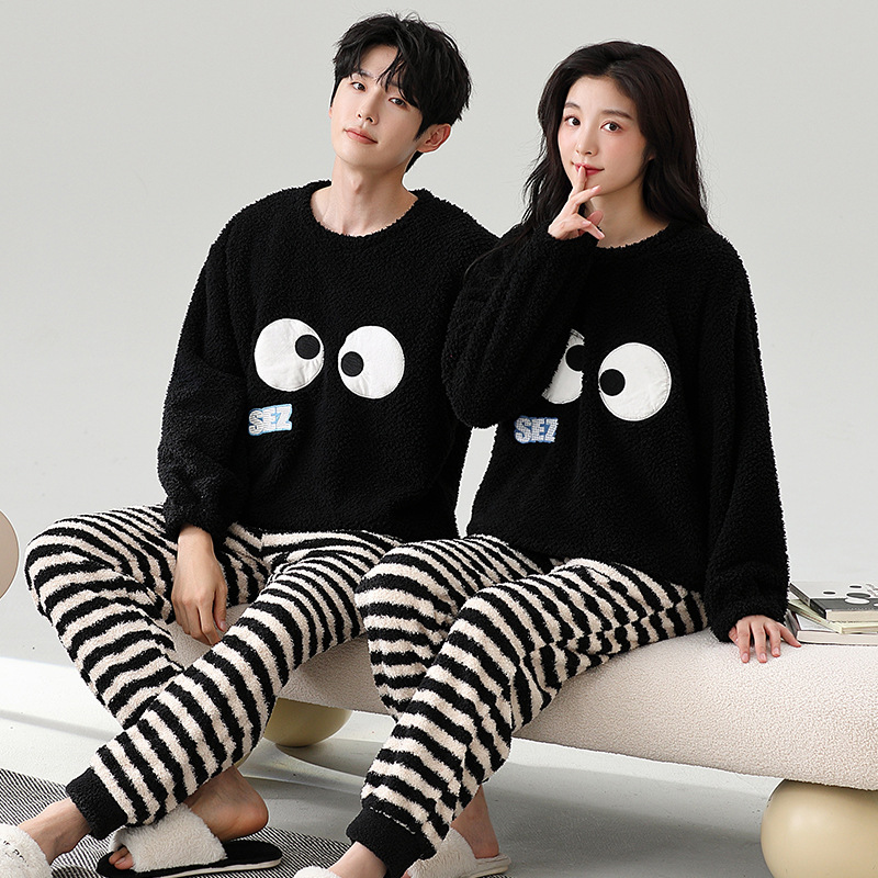 Couple Pajamas Autumn and Winter Half Velvet Crewneck Striped Long Sleeve Thickened Warm Card One-Man One-Woman Home Clothes