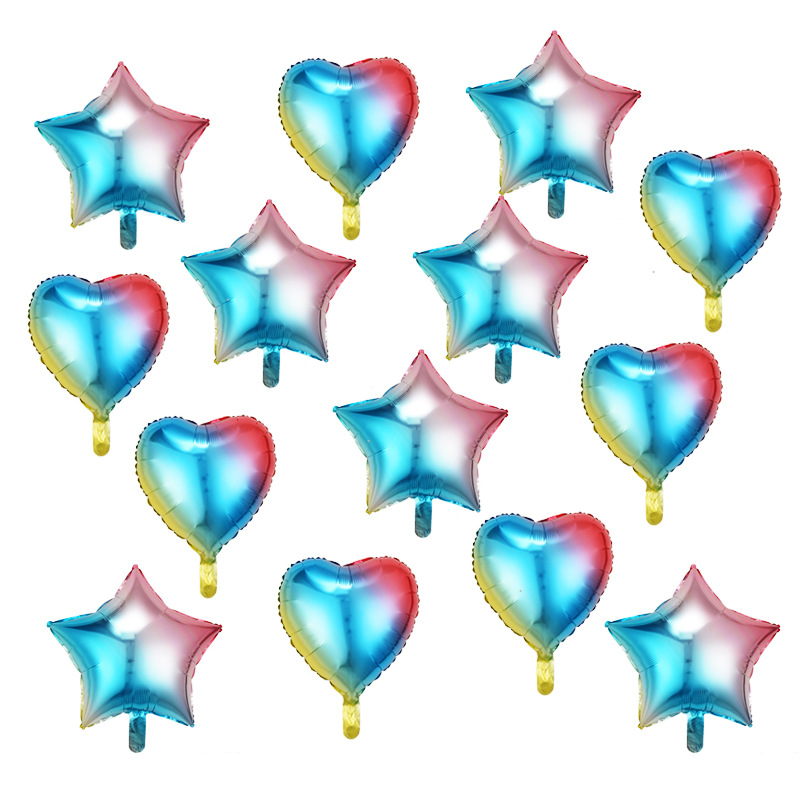 Arco iris degradado color amor papel de aluminio globo fiesta diseño decorativo globo de película de aluminio de estrella de cinco puntas de corazón de melocotón de 18 pulgadas