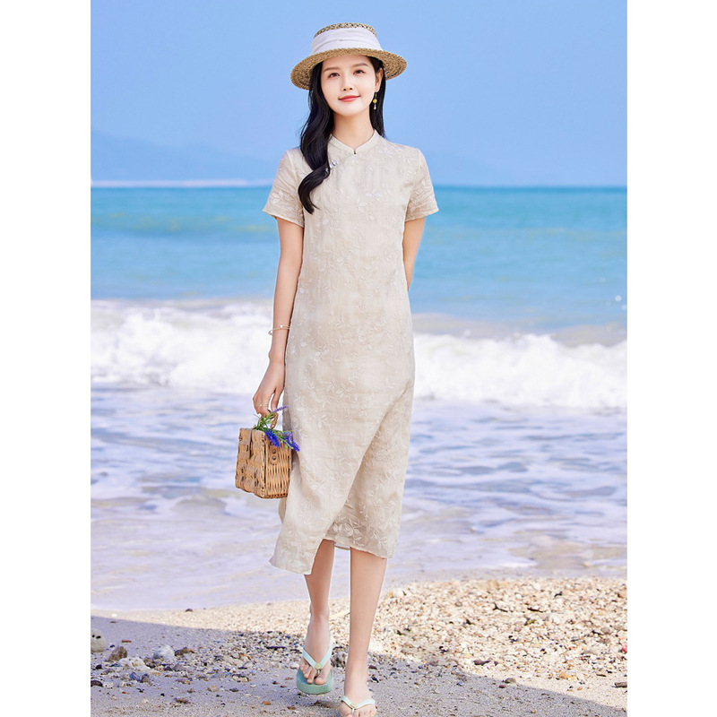 Summer 2022 New Arrival Ramie Embroidery Women's Travel Artistic Vertical Collar Short-Sleeved Mid-Length Dress for Women