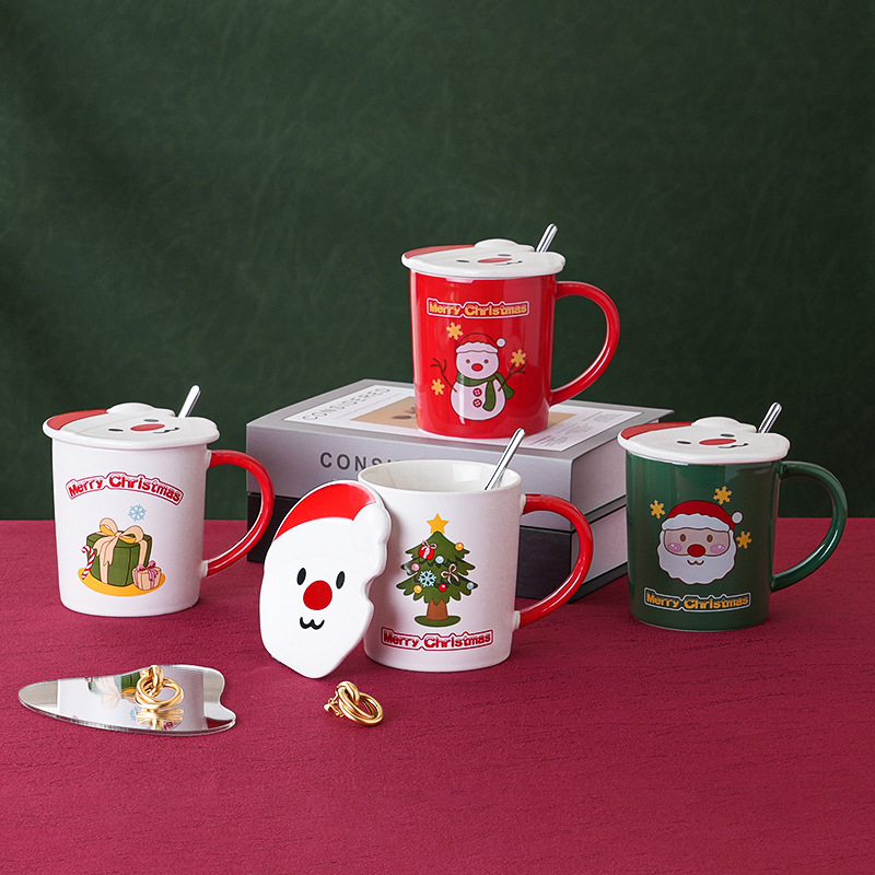 圣诞系列陶瓷杯创意礼物大容量马克杯办公室喝水杯带盖勺家用水杯|ms