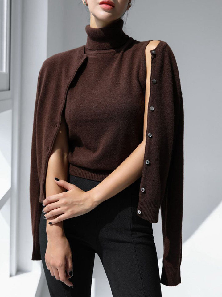 Bộ áo len dệt kim nữ cổ cao không tay kèm áo cardigan dáng suông — Áo vest màu nâu, Áo vest màu xám đậm, áo vest màu vàng, áo vest màu xanh chi tiết 72